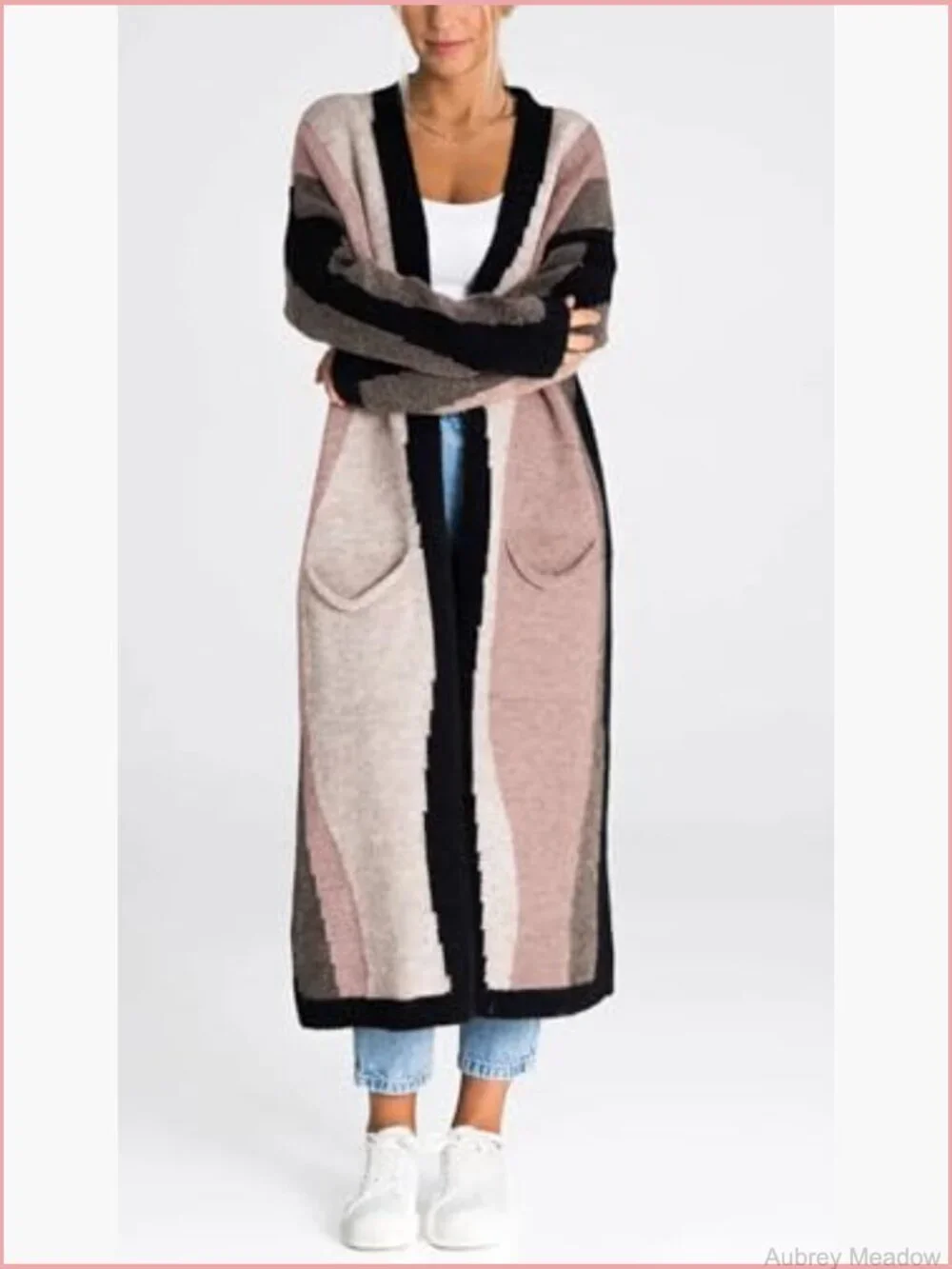 Color Block Open Front Long Cardigan Sweater Coat with Pockets